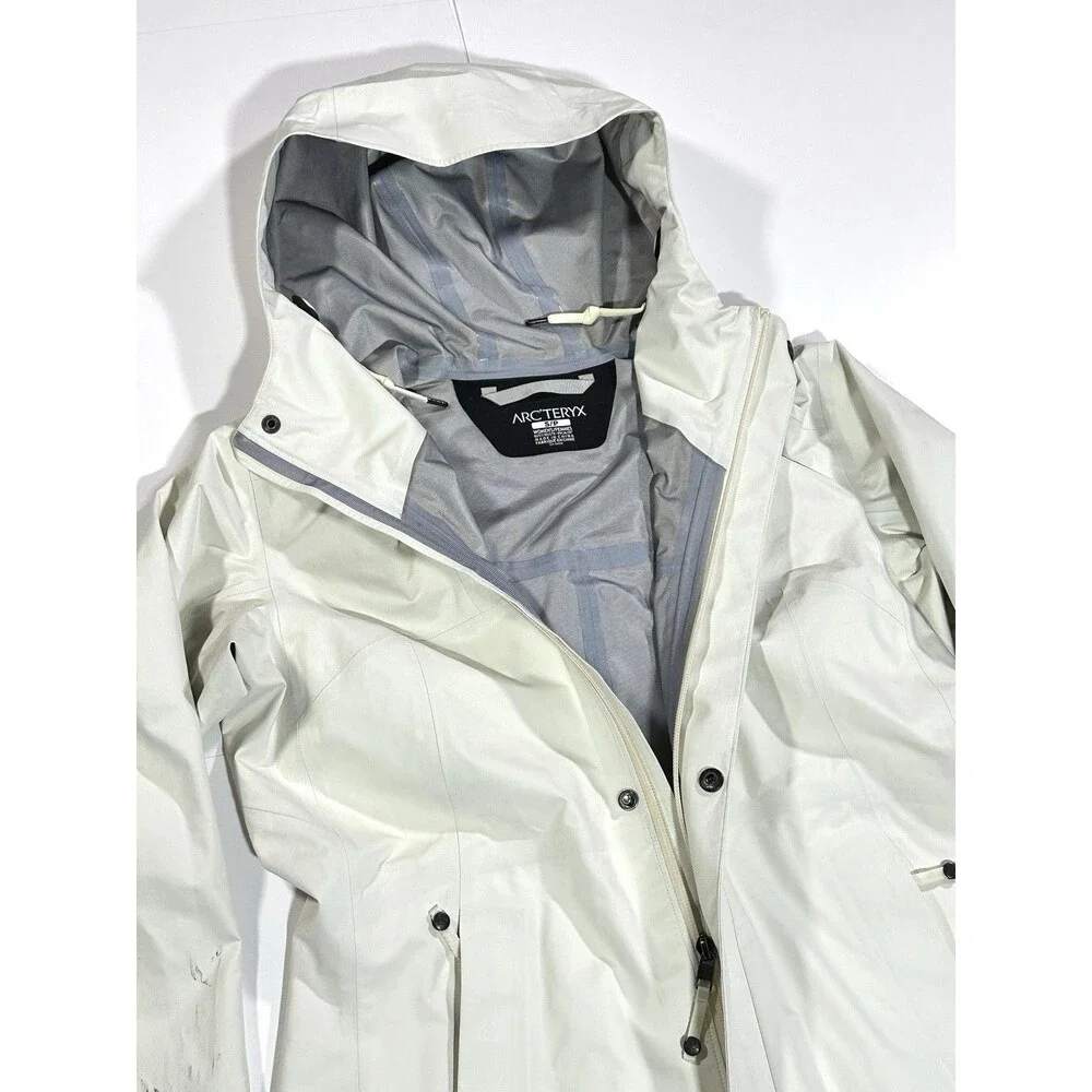 Arc’teryx Goretex Women Rain Jacket White Long Parka Size S Cream Gray Hooded - Picture 15 of 16